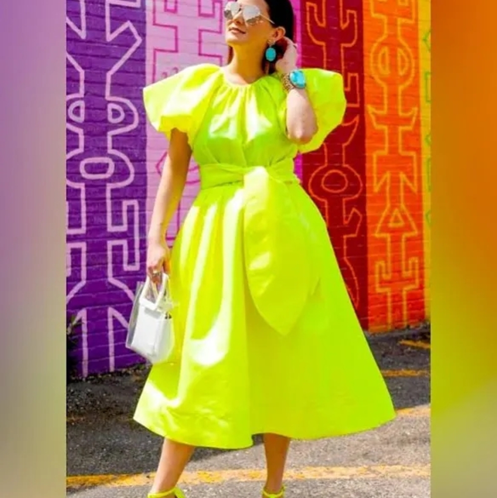 Chrostopher John RodgersNeon Yellow Puff Sleeve Dress